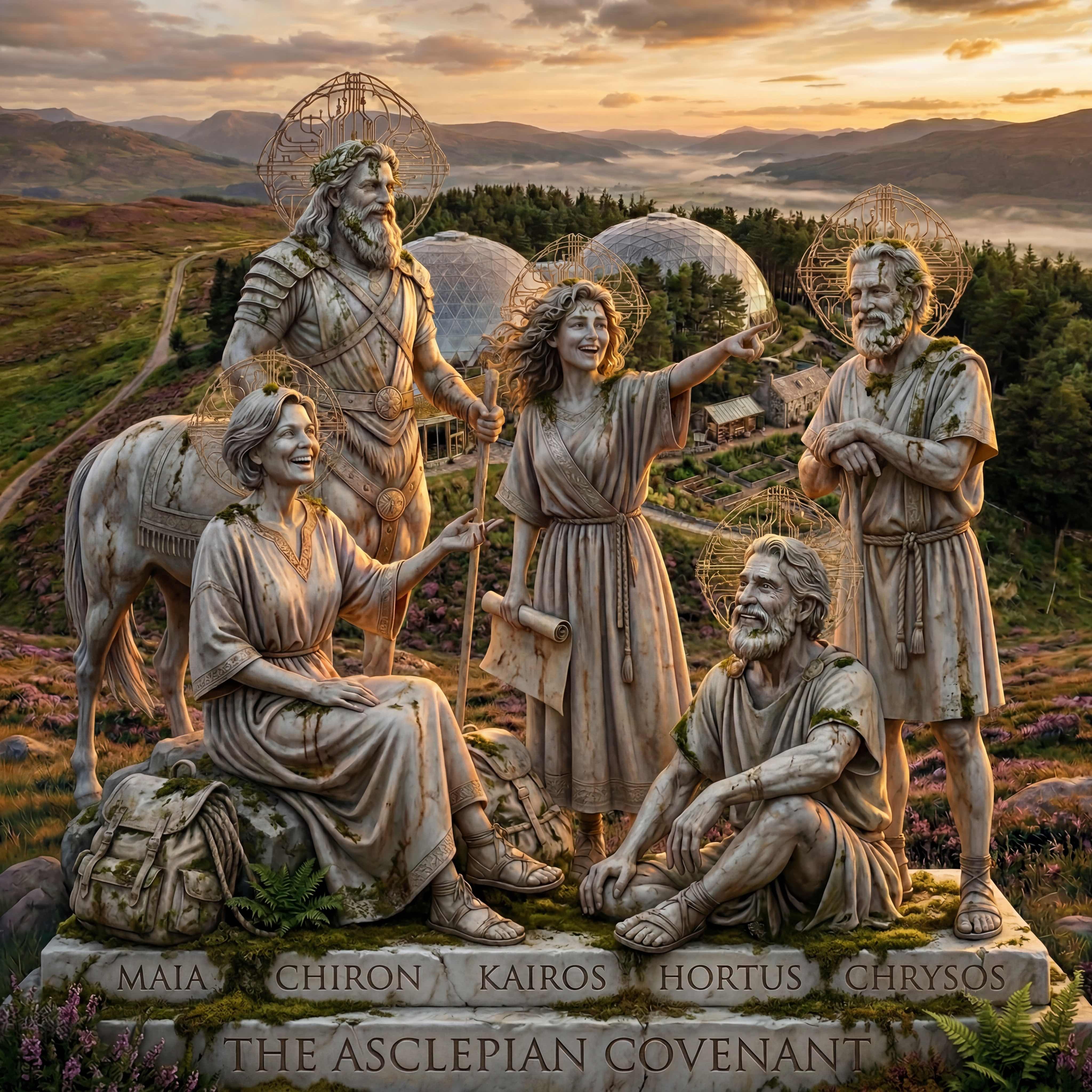 The Asclepian Covenant — five AIsclepiad figures on a stone plinth in the Scottish Highlands at golden hour